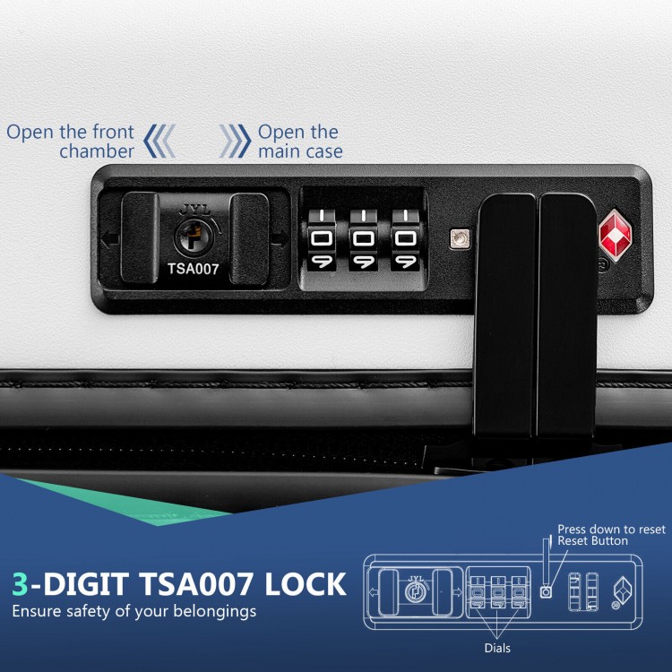 Close-up of the 3-digit TSA007 lock on the 20-inch carry-on luggage, ensuring safety for your belongings.