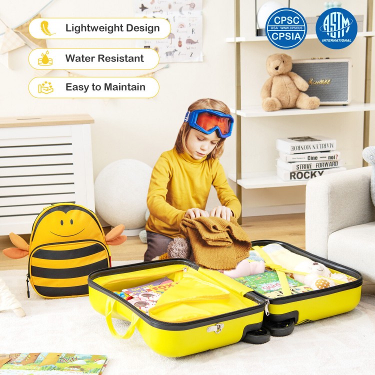 Yellow 18-inch kids luggage set with bee pattern, featuring compartments and spinner wheels for easy travel.