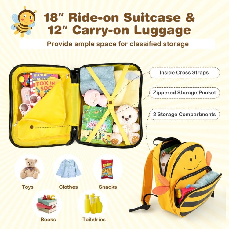 18-inch ride-on suitcase and 12-inch backpack in yellow bee pattern with storage compartments for kids' travel.
