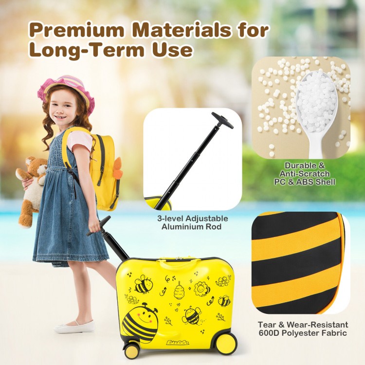 Yellow 18-inch ride-on kids luggage set with bee pattern, featuring adjustable handle and spinner wheels for easy.