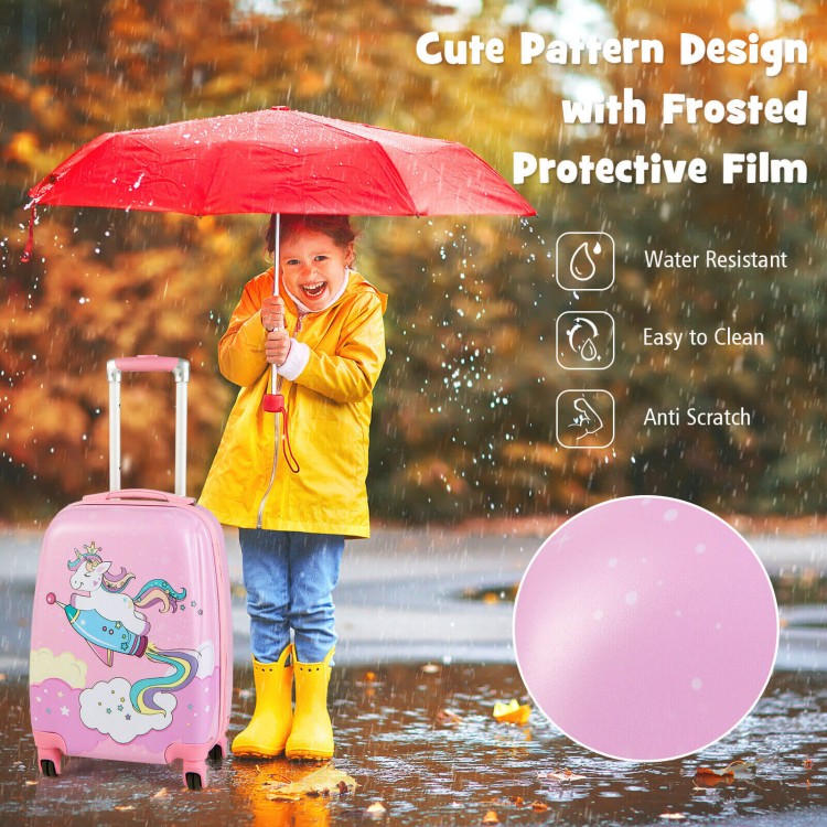 Kids' 18-inch luggage with cute unicorn design, water-resistant frosted film, and adjustable handle for easy travel.