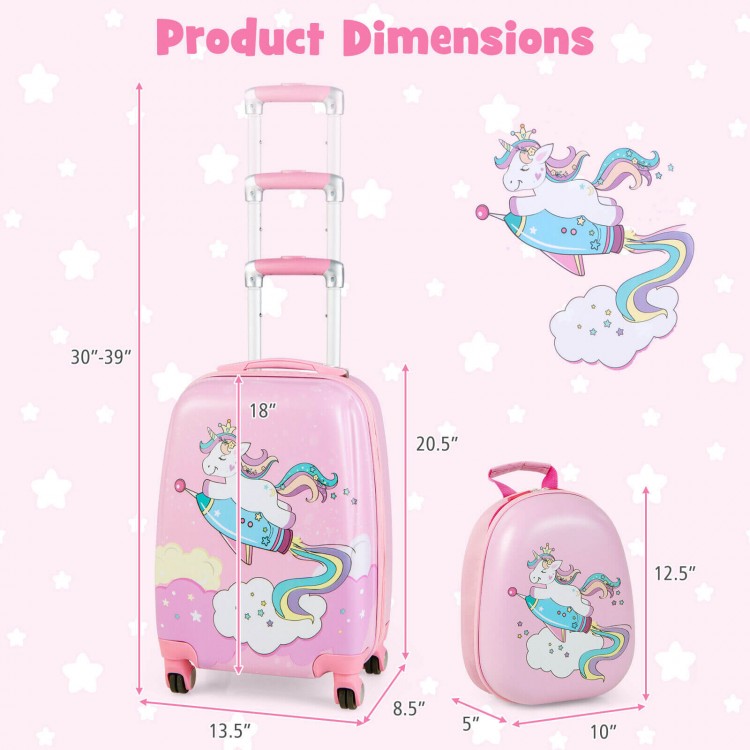 Kids luggage set featuring an 18-inch suitcase and 12-inch backpack with a cute unicorn design, ideal for travel.