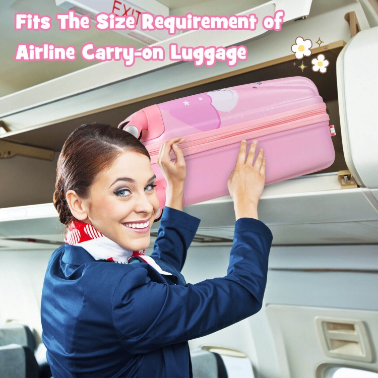 Kids' 18-inch luggage set with cute unicorn design, fitting airline carry-on requirements, ideal for trips and camps.