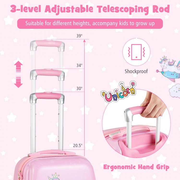 Adjustable telescoping rod of pink kids luggage set, featuring ergonomic grip for comfort and ease of use.