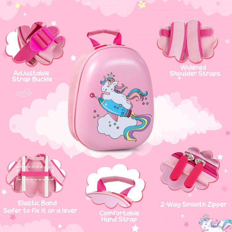 Pink unicorn backpack with adjustable straps, 2-way zipper, and comfortable hand strap for kids' travel.