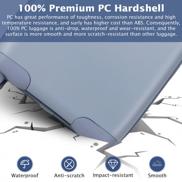 Blue hardside luggage with 100% PC hardshell, waterproof and impact-resistant, features TSA lock and adjustable handle.