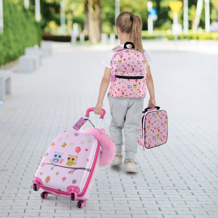 Kids' 5-piece luggage set in pink featuring a suitcase, backpack, and lunch bag with adorable cartoon patterns for.
