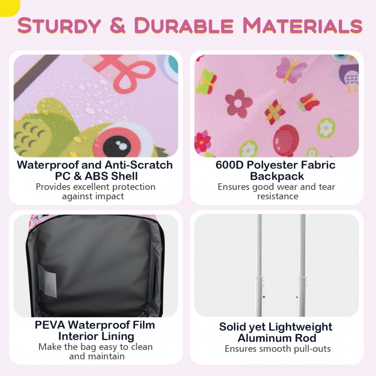 Kids' pink backpack from 5 Piece Luggage Set, made of 600D polyester, featuring a large front pocket and adjustable.
