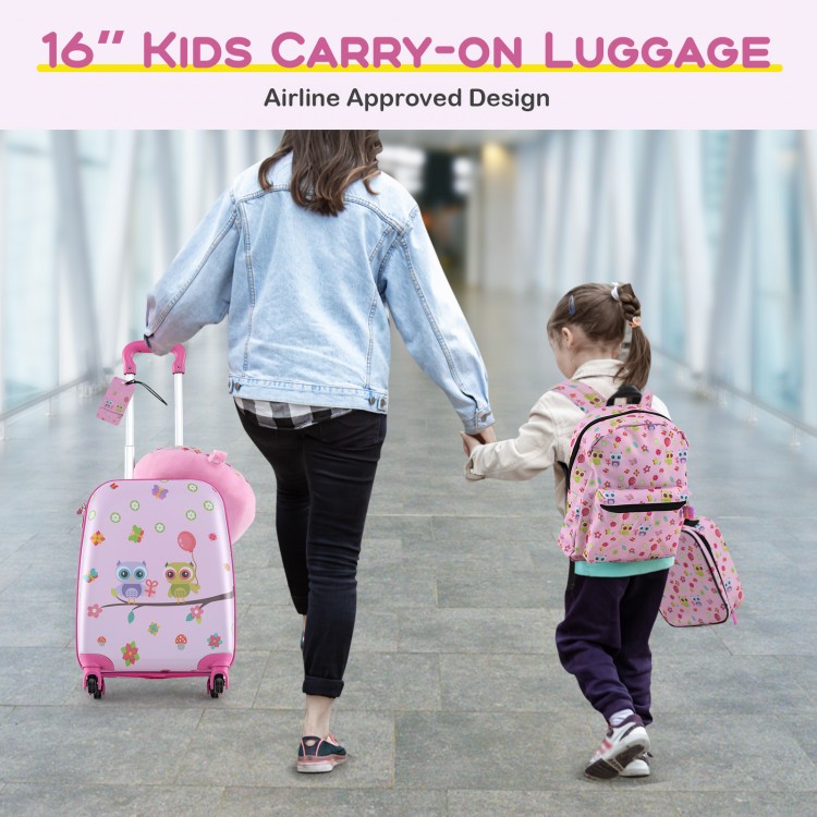 Kids carrying 16" pink suitcase and backpack set with cartoon design, perfect for travel and organized packing.