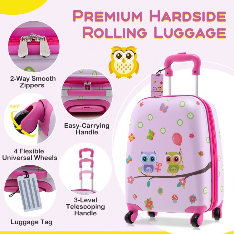 Kids' pink hardside rolling luggage set with owl design, 4 wheels, adjustable handle, and matching backpack for travel.