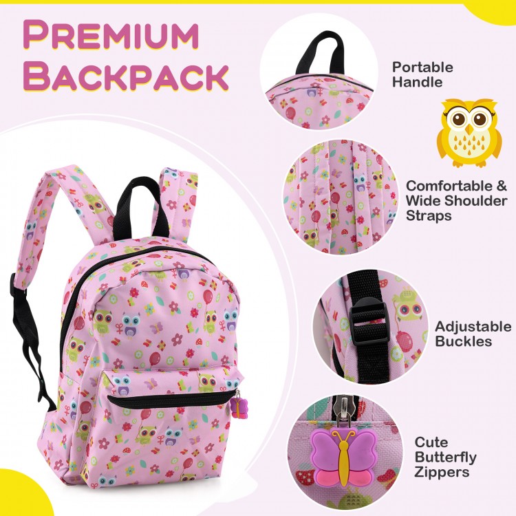Pink kids' backpack with cute cartoon pattern, adjustable straps, and large front pocket for organized packing.