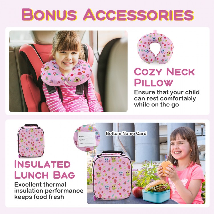 Cozy neck pillow and insulated lunch bag from a pink kids luggage set, perfect for travel comfort and food storage.