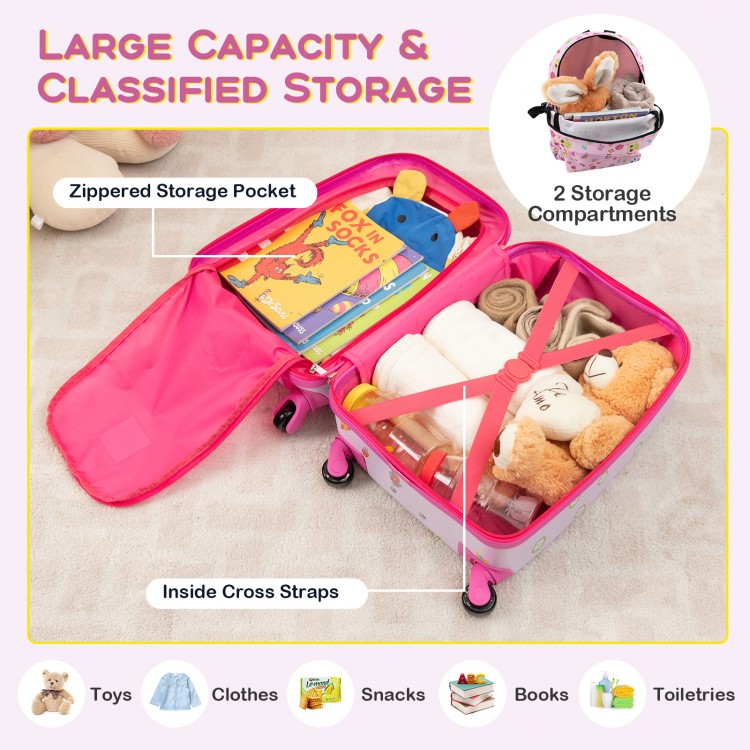 Kids luggage set featuring a pink suitcase with zippered storage, cross straps, and organized compartments for toys and.