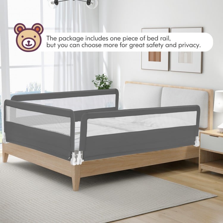 Extra long gray bed guardrail with breathable mesh for toddler safety, designed for easy access and stability.