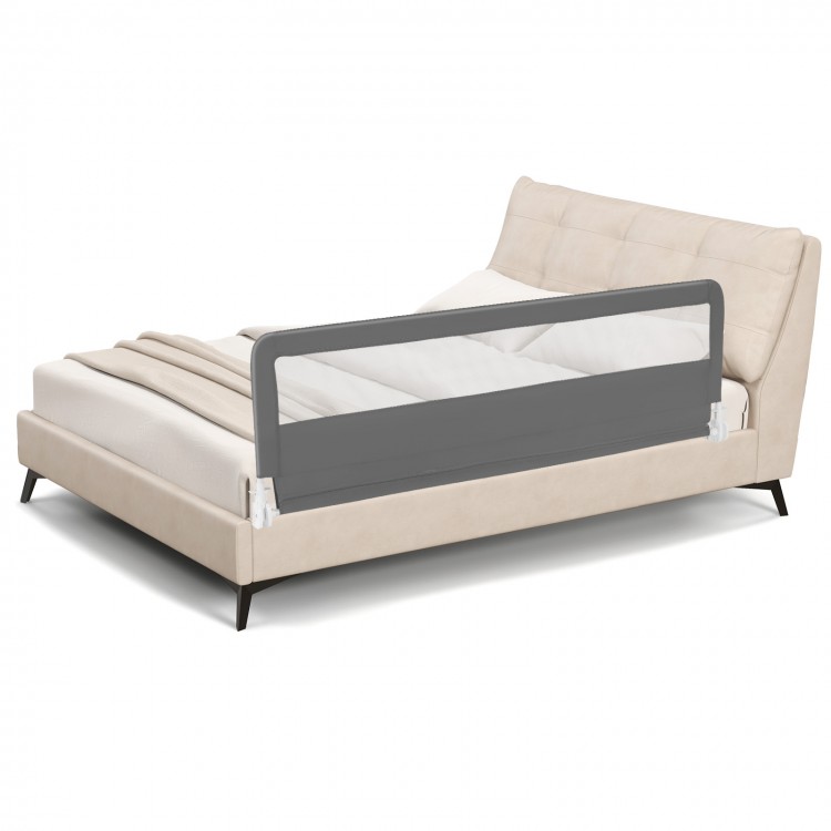 Extra long gray bed guardrail with foldable design, breathable mesh, and T-shaped legs for toddler safety and stability.