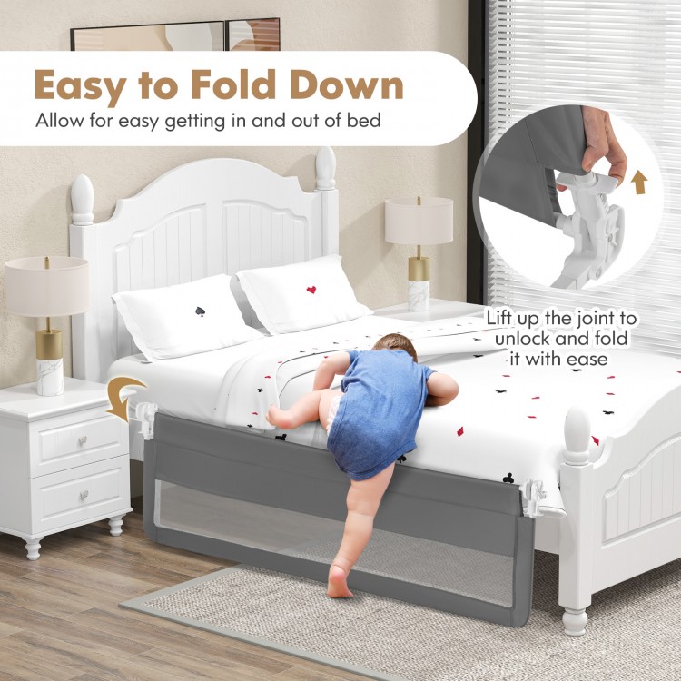 Extra long gray bed guardrail with foldable design, ensuring toddler safety and easy access for bed entry and sheet.