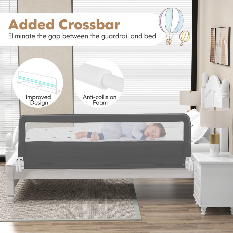 Extra long gray bed guardrail with safety straps, featuring breathable mesh and foldable design for toddler bed safety.