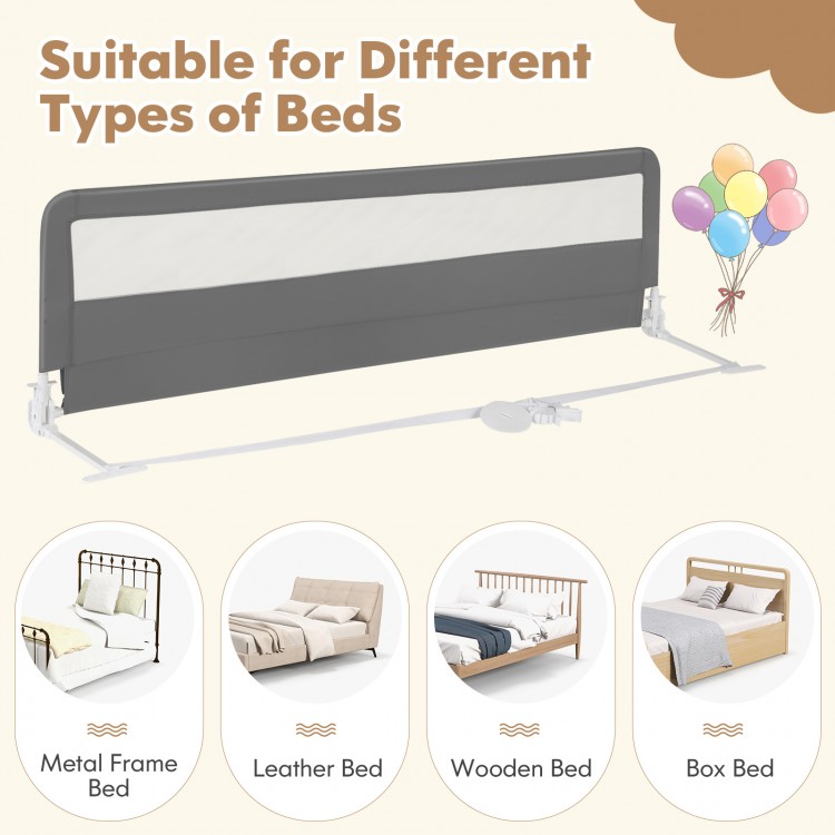 Extra long gray bed guardrail with breathable mesh, suitable for various bed types, ensuring toddler safety and.