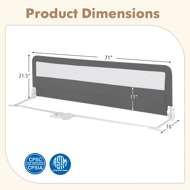 71-inch extra long gray bed guardrail with safety straps, foldable design, for toddler bed transition and stability.