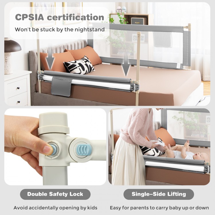 57-inch gray toddler bed rail guard with adjustable height, double safety lock, and seamless design for child safety.