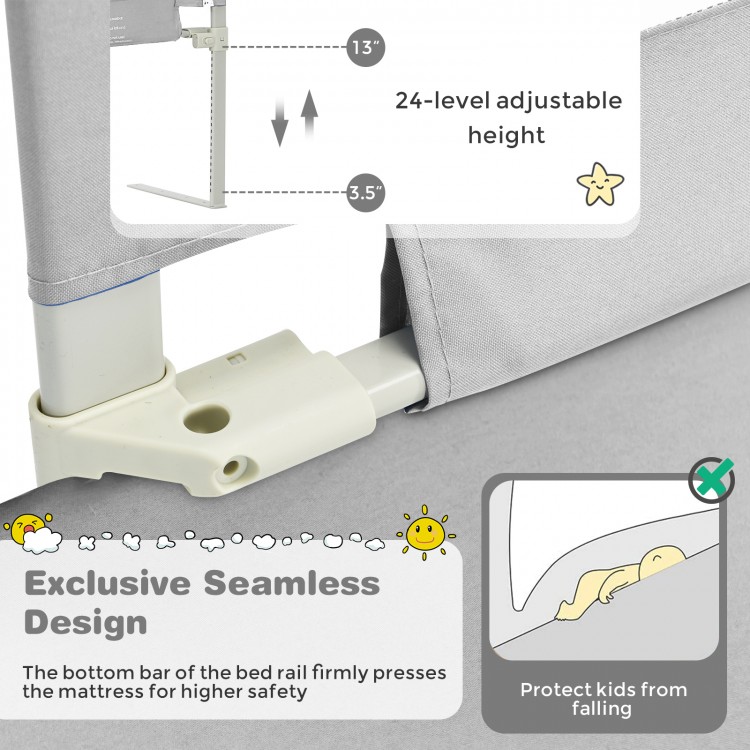 Vertical lifting baby bed rail guard in gray with 24 adjustable heights for safety and seamless design to protect.