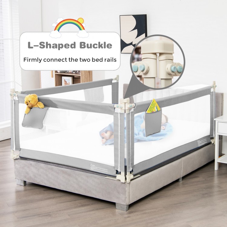 L-shaped buckle detail of the 57-inch gray baby bed rail guard, designed for safety and easy assembly with adjustable.