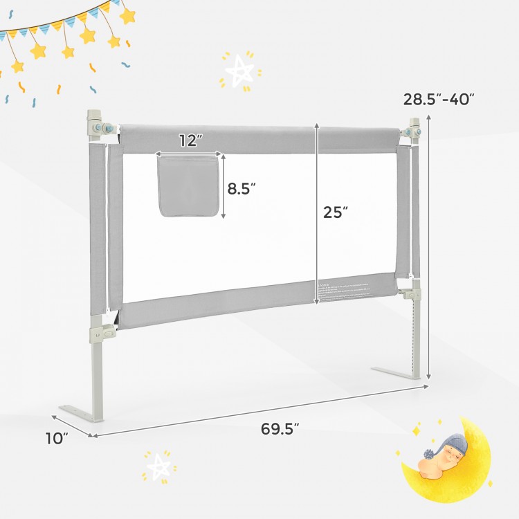 Vertical lifting baby bed rail guard in gray, adjustable height, with storage pocket and safety lock for toddler.