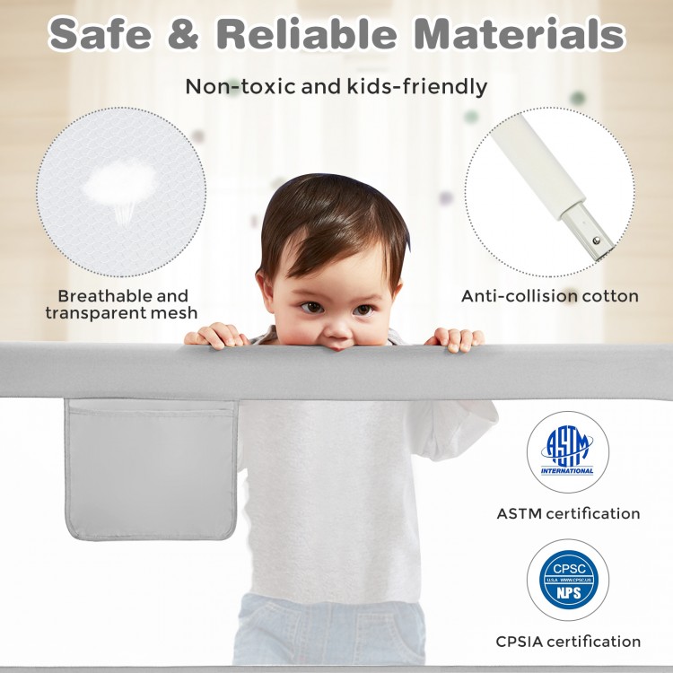 57-inch gray baby bed rail guard with adjustable height, breathable mesh, and anti-collision sponge for safety.