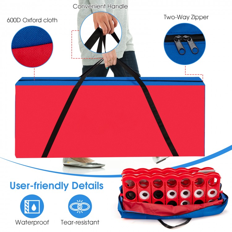 Red carrying bag for Jumbo 4-to-Score game set, made of durable Oxford cloth with ergonomic handles for easy transport.