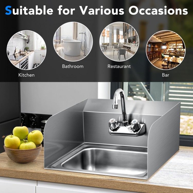 Stainless steel wall mount hand washing sink with faucet and side splash, ideal for kitchens, bars, and restaurants.