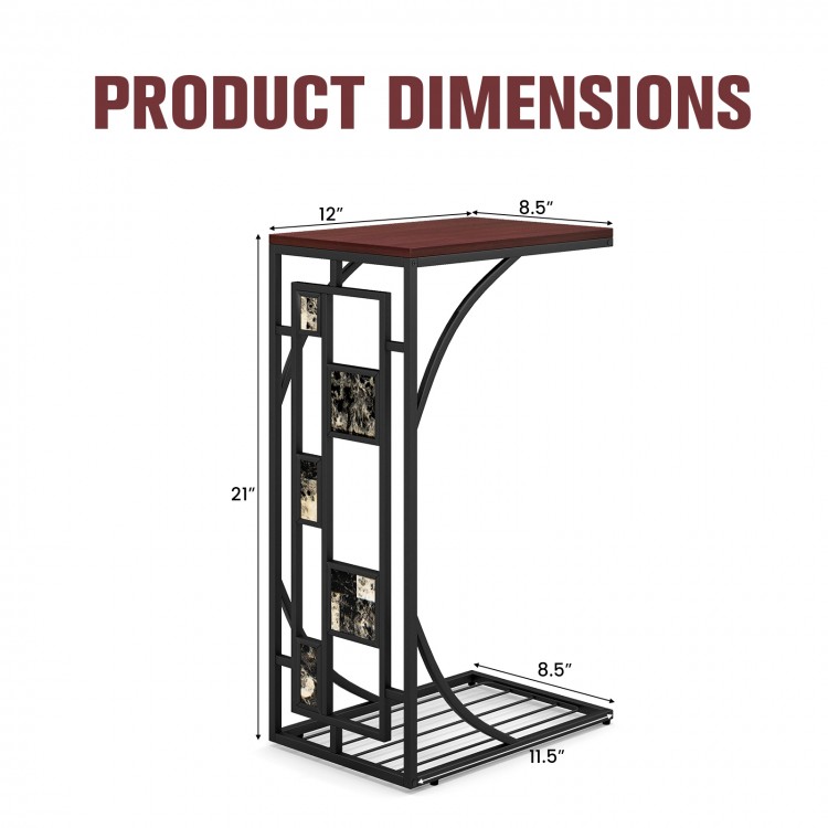 C-shaped end side table in brown with marble texture, featuring a waterproof tabletop and bottom storage rack for small.