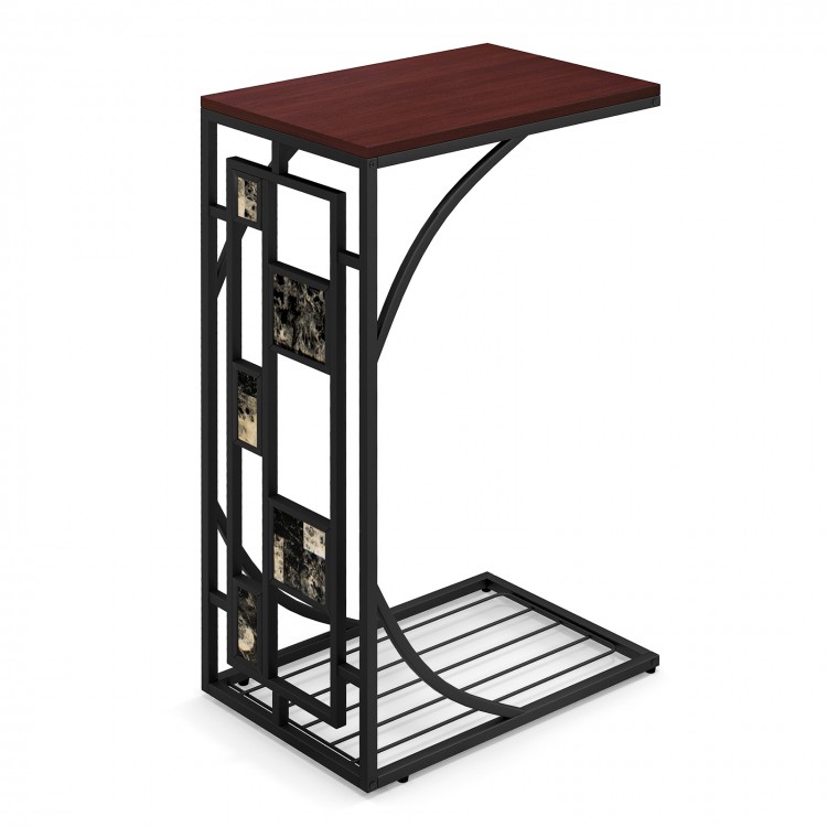C-shaped end table with brown MDF top and marble texture side, featuring a bottom storage rack for living room use.