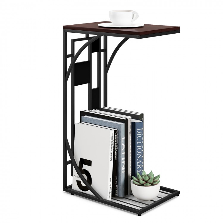 C-shaped end table with brown MDF top and marble texture, featuring a bottom storage rack for magazines and plants.