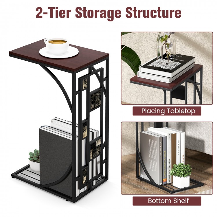 C-shaped brown end table with marble texture, featuring a top surface and bottom storage rack for small spaces.