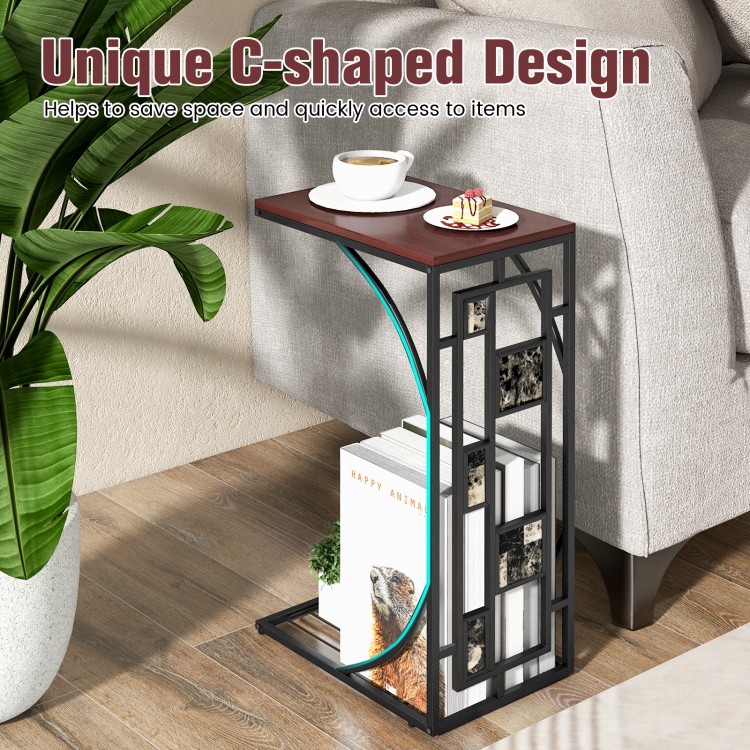 C-shaped end table with marble texture, brown MDF top, and bottom storage rack for living room or bedroom use.