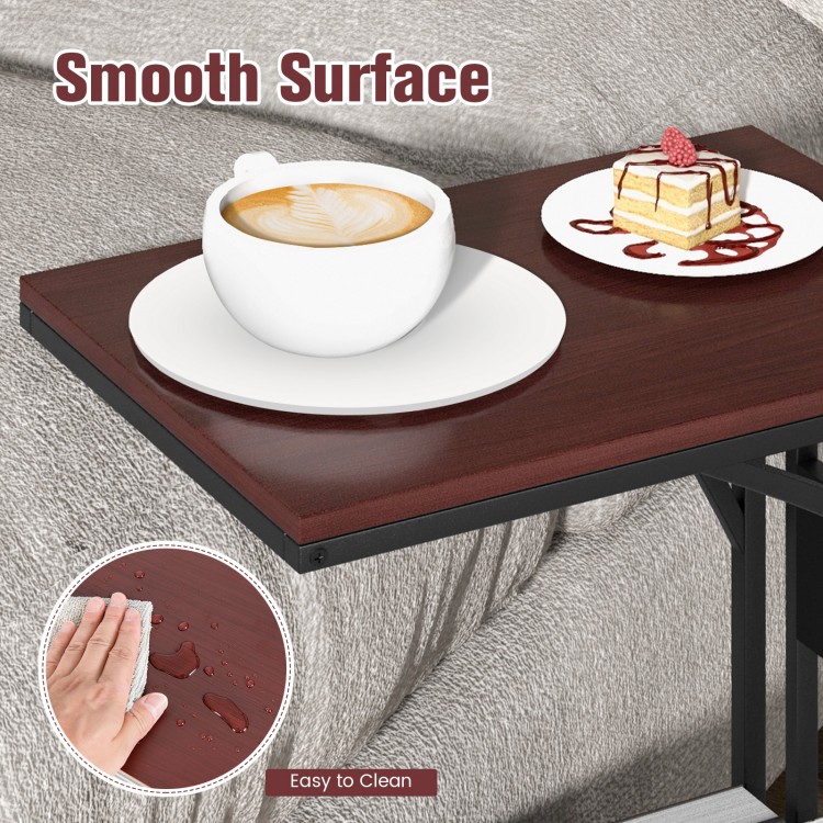C-shaped brown end table with smooth, waterproof MDF top and bottom storage rack, perfect for small spaces.