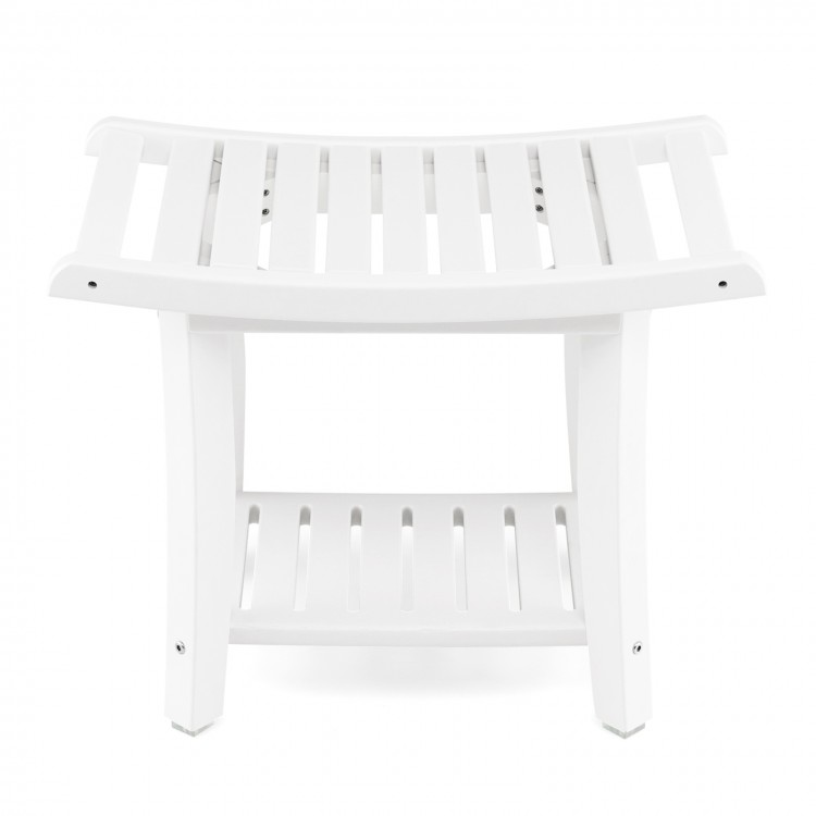 Curved white bath stool with slatted design, HDPE material, and storage shelf for versatile bathroom use.