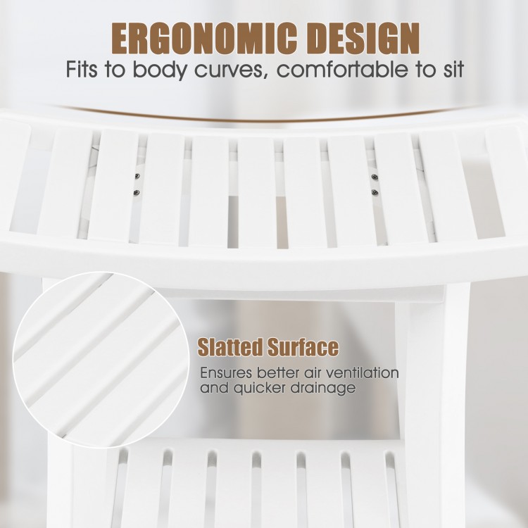 Curved seat of the heavy-duty waterproof bath stool in white, featuring slatted design for ventilation and ergonomic.