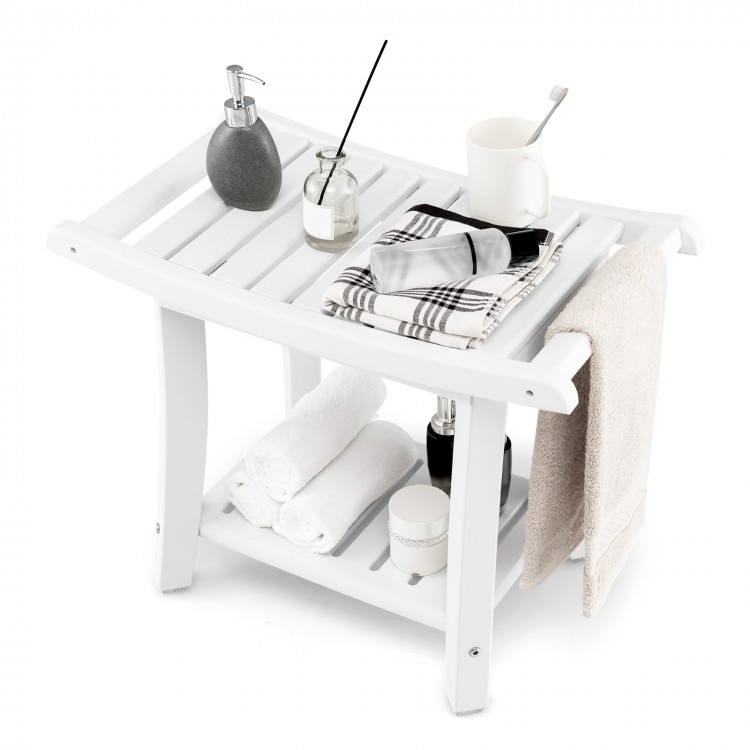 White heavy-duty waterproof bath stool with curved seat, slatted design, and storage shelf for versatile use.