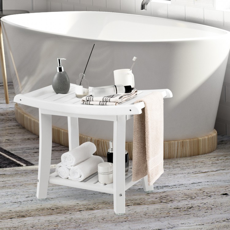 White heavy-duty waterproof bath stool with curved seat and storage shelf, ideal for bathroom use and towel.