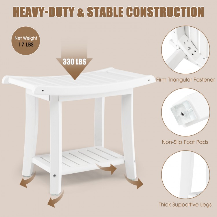 Heavy-duty waterproof bath stool in white with curved seat, storage shelf, and anti-slip foot pads for stability.