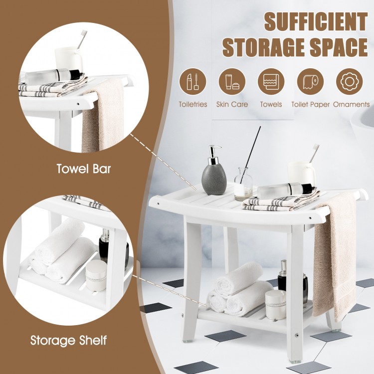 Heavy-duty waterproof bath stool in white with curved seat, towel bar, and storage shelf for versatile bathroom use.