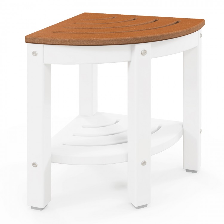 Heavy-duty corner shower bench stool in brown with storage shelf, made of waterproof HDPE, ideal for indoor or outdoor.