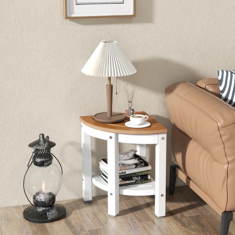 Heavy-duty corner shower bench stool in brown with storage shelf, made of waterproof HDPE for indoor and outdoor use.