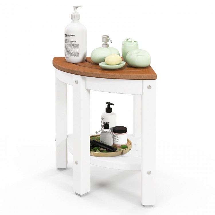 Heavy-duty corner shower bench stool in brown with storage shelf, made of waterproof HDPE, ideal for bathrooms.