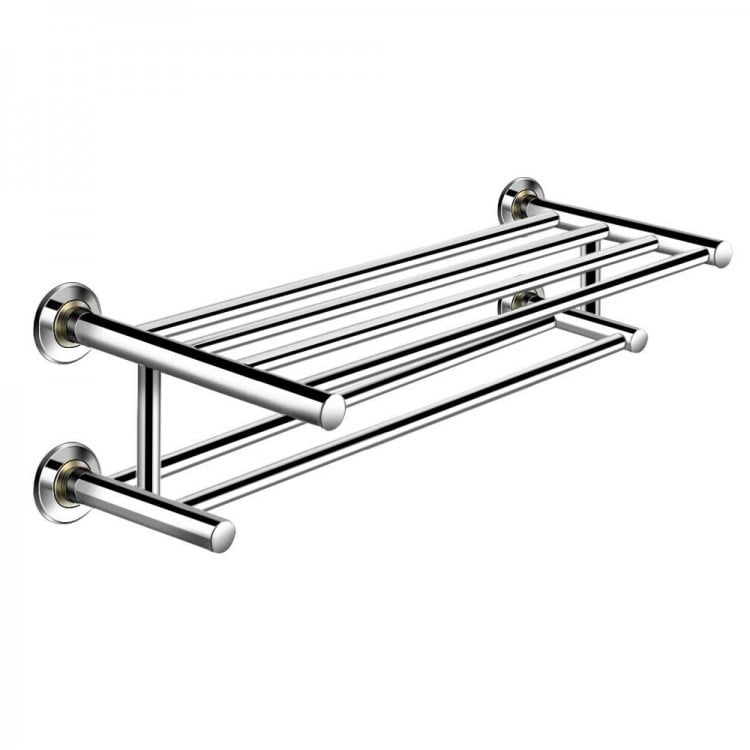 24-inch wall-mounted stainless steel towel storage rack with two tiers for space-saving organization in bathrooms.