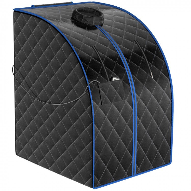 Portable personal far infrared sauna in black with dual zipper openings, heating foot pad, and foldable chair for.