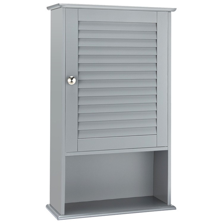 Gray bathroom wall mount storage cabinet with adjustable shelf, featuring a single door and open cubby for versatile.