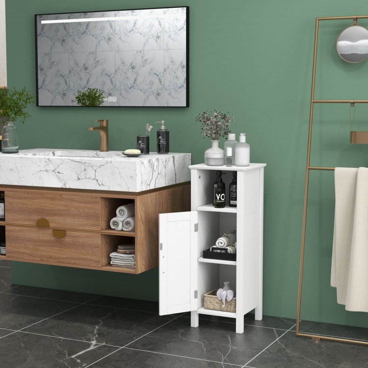 Freestanding white bathroom cabinet with one door and adjustable shelves, ideal for organized storage in various spaces.