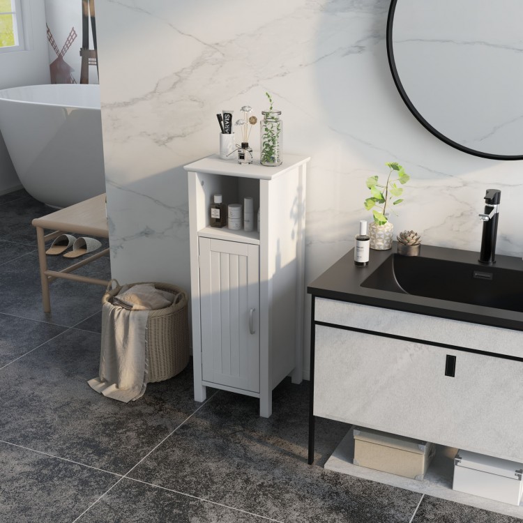 Freestanding bathroom cabinet with open shelf, white finish, featuring adjustable shelves and magnetic door design for.